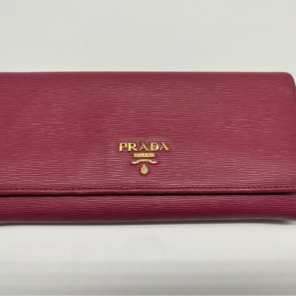Prada Dark Pink Saffiano Leather Fold-over Continental Long Wallet, Authentic